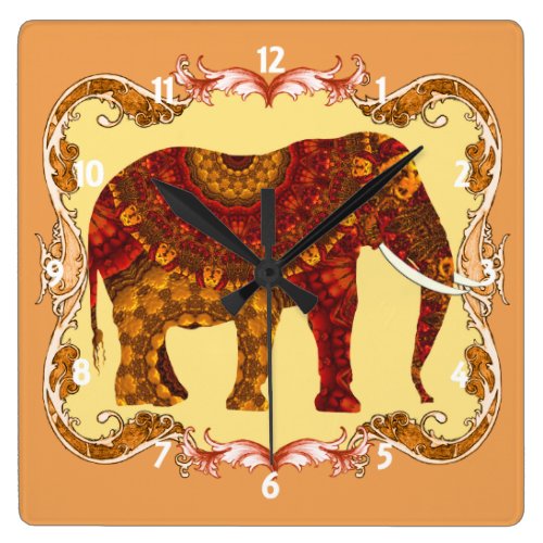 Lucky Ornate Patterned Indian Elephant Square Wall Clock