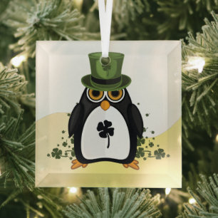 Lucky Penguin St. Patrick's Day Irish Clover Glass Ornament