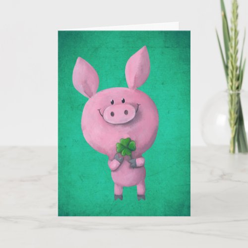 Lucky pig with lucky four leaf clover card