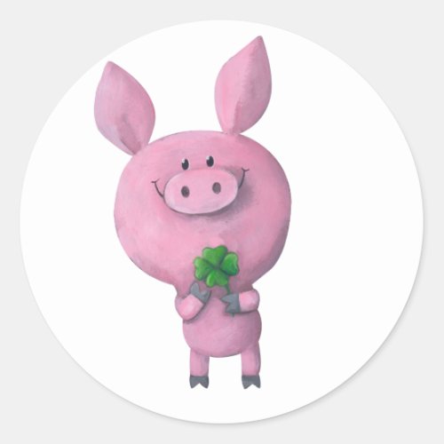 Lucky pig with lucky four leaf clover classic round sticker