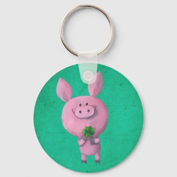 Lucky Pig With Lucky Four Leaf Clover Keychain by colonelle at Zazzle