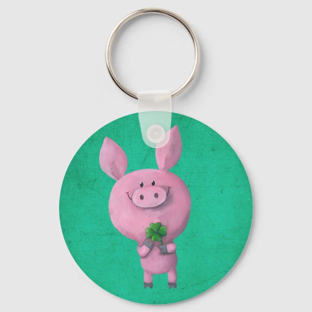 Lucky pig with lucky four leaf clover keychain (Front)