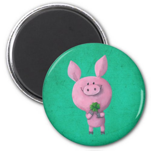 Lucky pig with lucky four leaf clover magnet