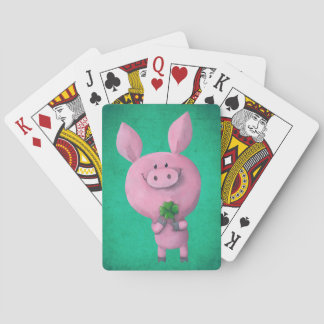 Lucky pig with lucky four leaf clover poker cards