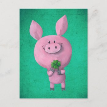 Lucky Pig With Lucky Four Leaf Clover Postcard by colonelle at Zazzle