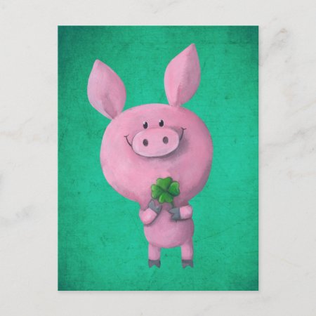 Lucky Pig With Lucky Four Leaf Clover Postcard