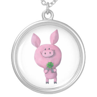 Lucky pig with lucky four leaf clover silver plated necklace
