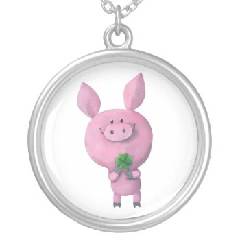 Lucky Pig With Lucky Four Leaf Clover Silver Plated Necklace by colonelle at Zazzle