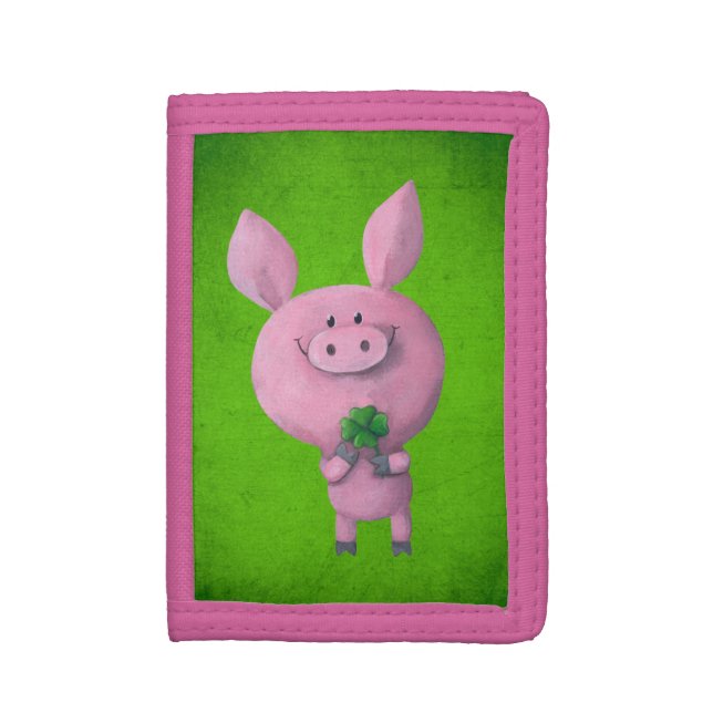 Lucky pig with lucky four leaf clover tri-fold wallet (Front Vertical)