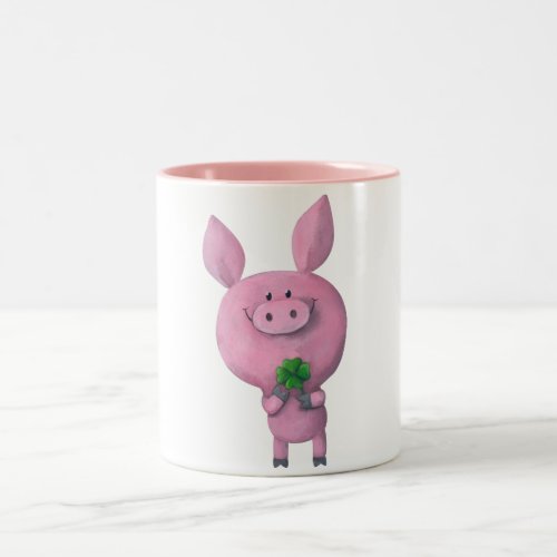 Lucky pig with lucky four leaf clover Two_Tone coffee mug