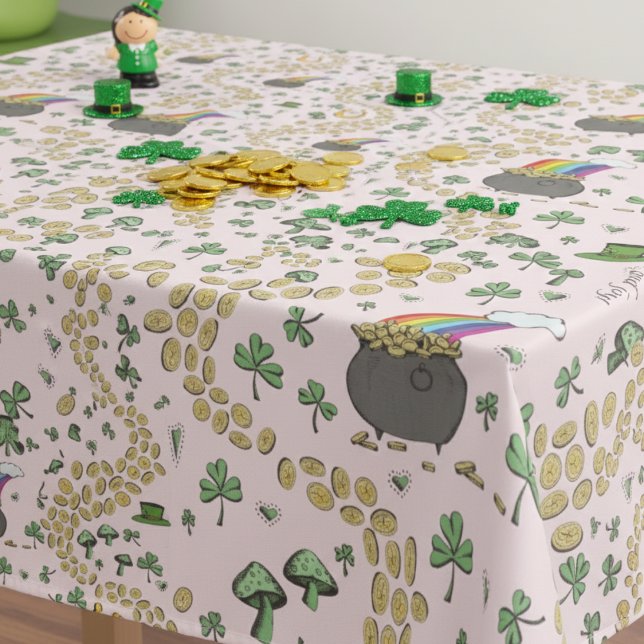 Lucky Pink and Green St Patricks Day Kids Tablecloth (Pink & Green Lucky Shamrock, Pot of Gold, Rainbow & Good Luck Gold Coins St Patrick's Day Tablecloth)