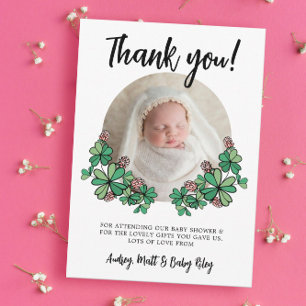 Lucky Pink Clovers Photo Girl Baby Shower Thank You Card