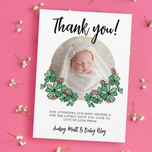 Lucky Pink Clovers Photo Girl Baby Shower Thank You Card