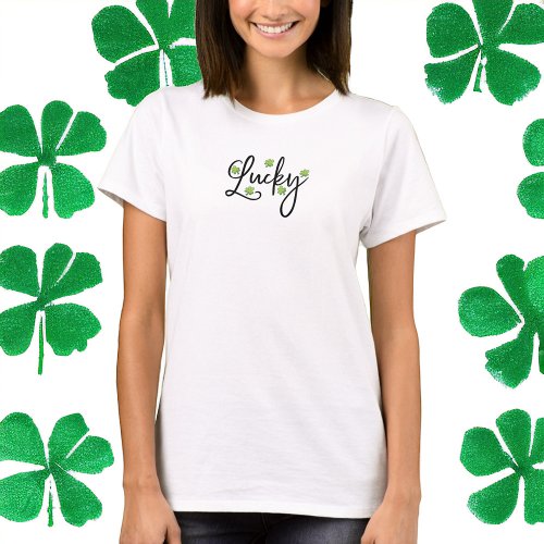 Lucky Polka Dot Shamrock Script St Patricks Day  T_Shirt