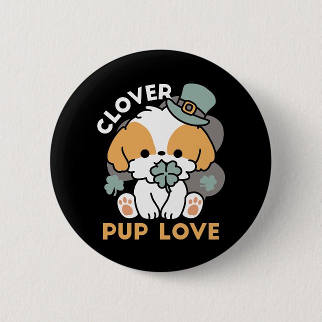 Lucky Pup with Clover – St. Patrick's Day Gift Button (Front)