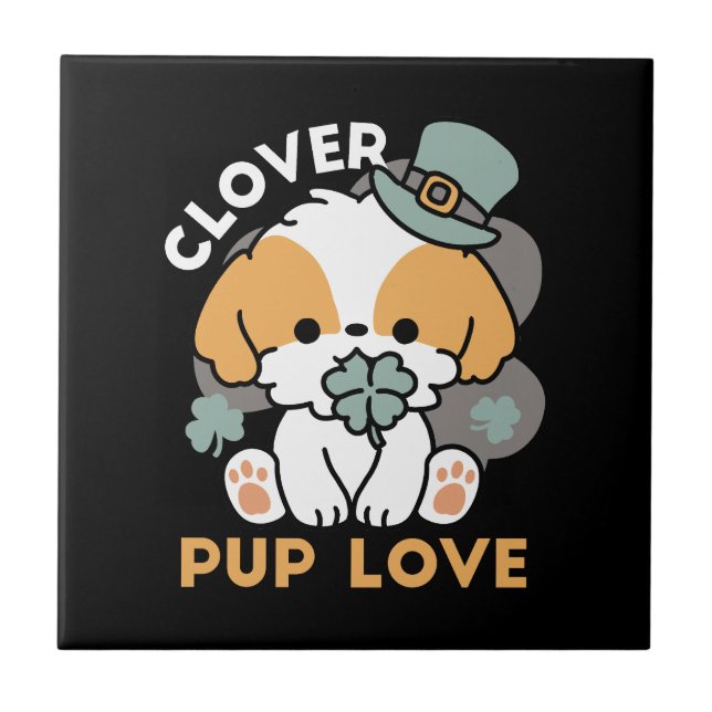 Lucky Pup with Clover – St. Patrick's Day Gift Ceramic Tile (Front)
