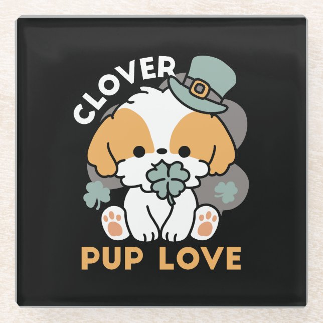 Lucky Pup with Clover – St. Patrick's Day Gift Glass Coaster (Front)