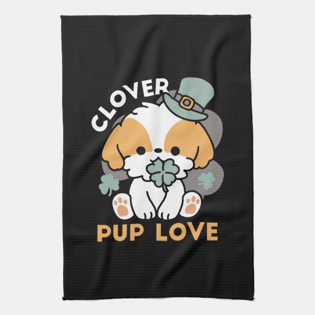 Lucky Pup with Clover – St. Patrick's Day Gift Kitchen Towel (Vertical)