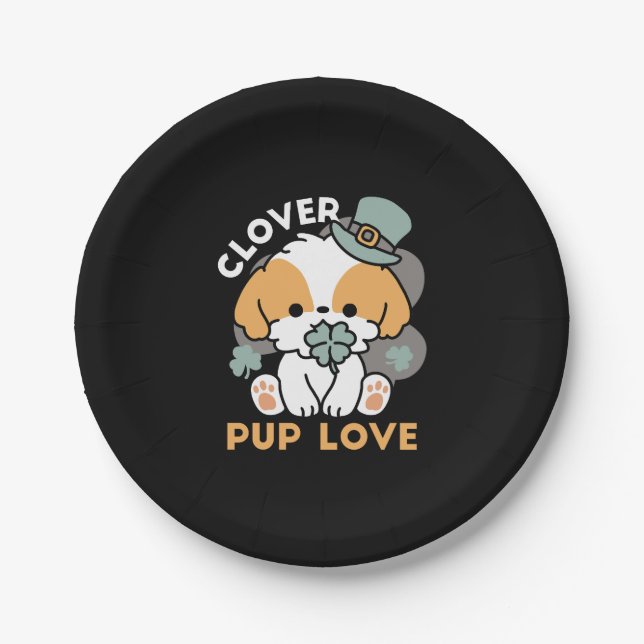 Lucky Pup with Clover – St. Patrick's Day Gift Paper Plates (Front)
