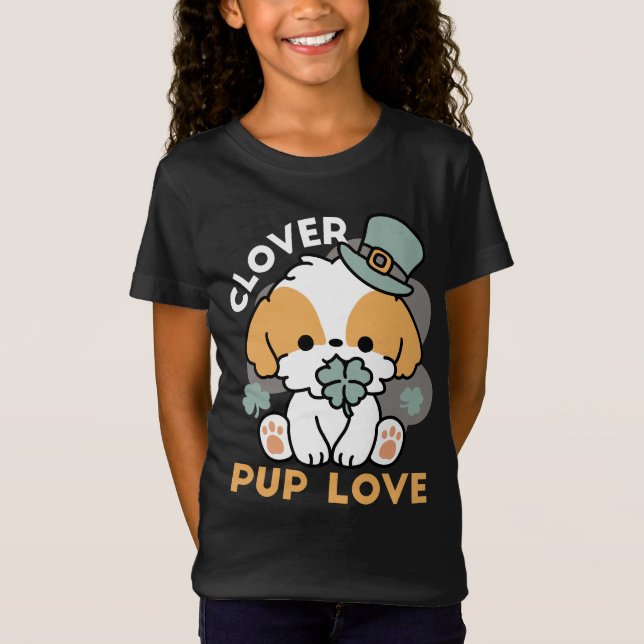 Lucky Pup with Clover – St. Patrick's Day Gift T-Shirt (Front)