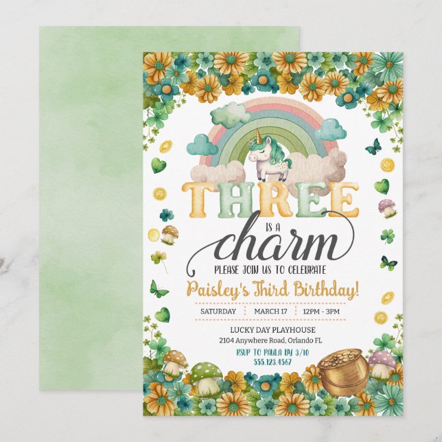 Lucky Rainbow Unicorn Three Is A Charm Birthday Invitation (Front/Back)