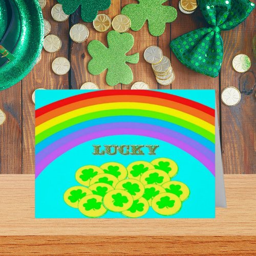 Lucky Rainbows Gold  Shamrocks Holiday Card