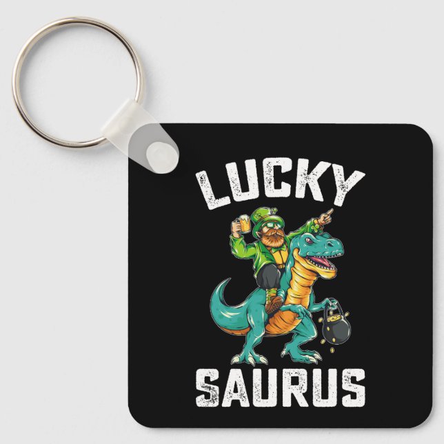 Lucky Saurus Dinosaur T Rex St Patrick's Day Keychain (Front)