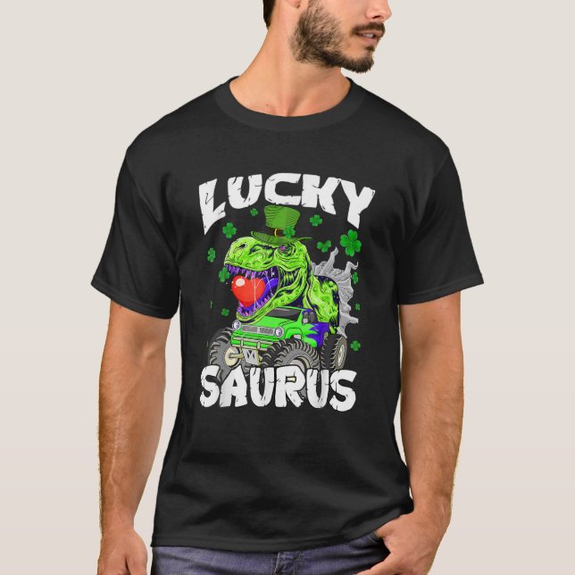 Lucky Saurus Rex Dinosaur St Patricks Day Boys Gir T-Shirt (Front)