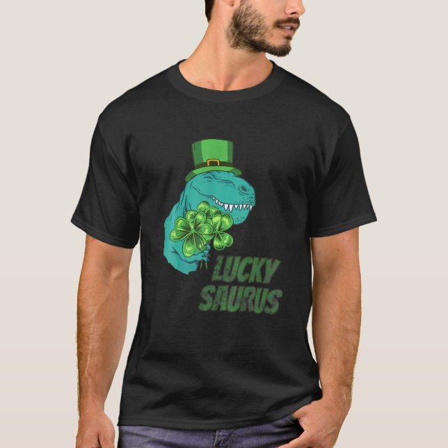 Lucky Saurus Rex Dinosaur St Patricks Day Boys T-Shirt (Front)