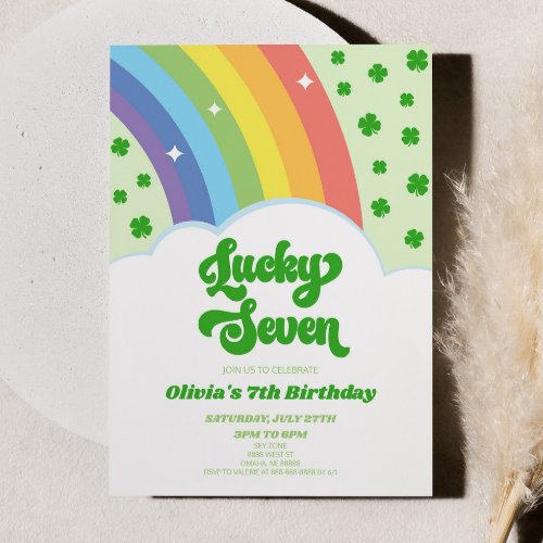 Lucky Seven Rainbow 7th Birthday Party Invitation