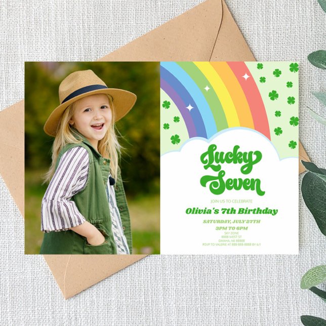 Lucky Seven Rainbow Clover 7th Birthday Party Invitation (Creator Uploaded)