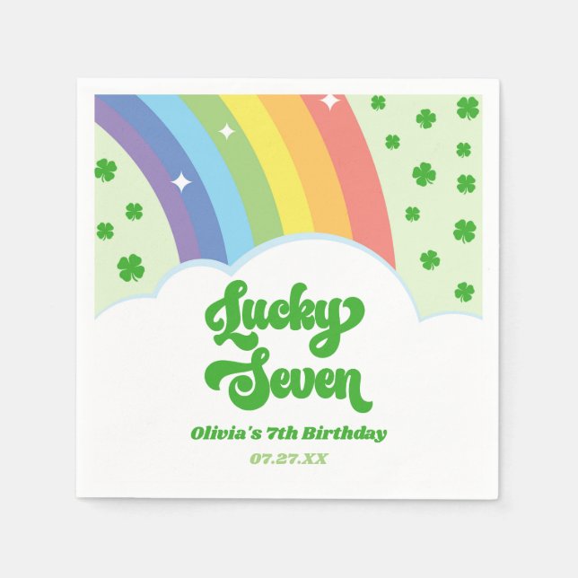 Lucky Seven Rainbow Clovers 7th Birthday Party Napkins (Front)