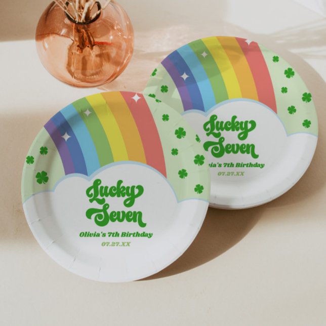 Lucky Seven Rainbow Clovers 7th Birthday Party Paper Plates (Creator Uploaded)