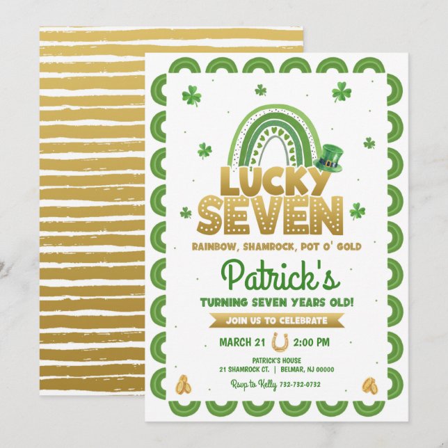 Lucky Seven St. Patrick's Day 7th Birthday Invitation (Front/Back)