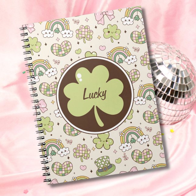 Lucky Shamrock and Rainbows St. Patrick's Day  Notebook (Modern cute kawaii mixes with a '70s vibes color palette and disco theme on this custom notebook.)