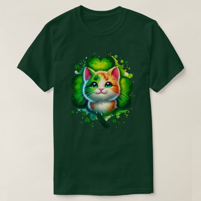 Lucky Shamrock Cat T-Shirt, St. Patricks T-Shirt (Design Front)