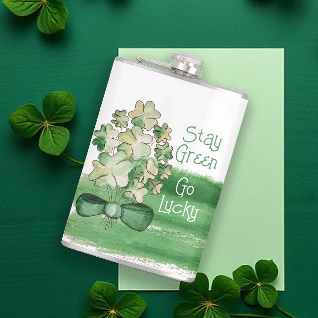 Lucky Shamrock Clover Watercolor Flask