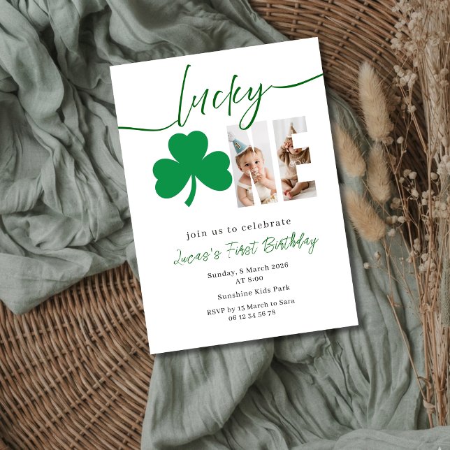 Lucky Shamrock First Birthday Photo Editable  Invitation (Creator Uploaded)
