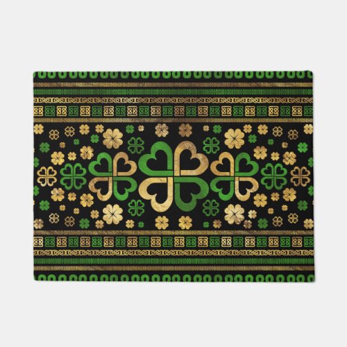 Lucky Shamrock Four_leaf Clover Green and Gold Doormat