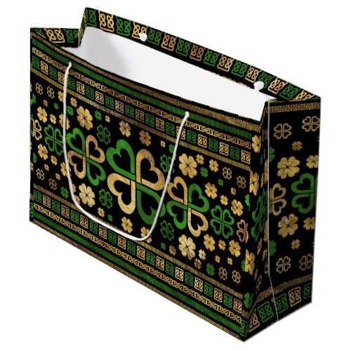 Lucky Shamrock Four_leaf Clover Green and Gold Large Gift Bag