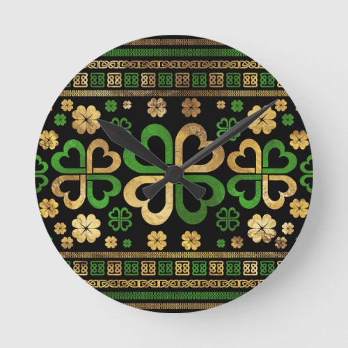 Lucky Shamrock Four_leaf Clover Green and Gold Round Clock