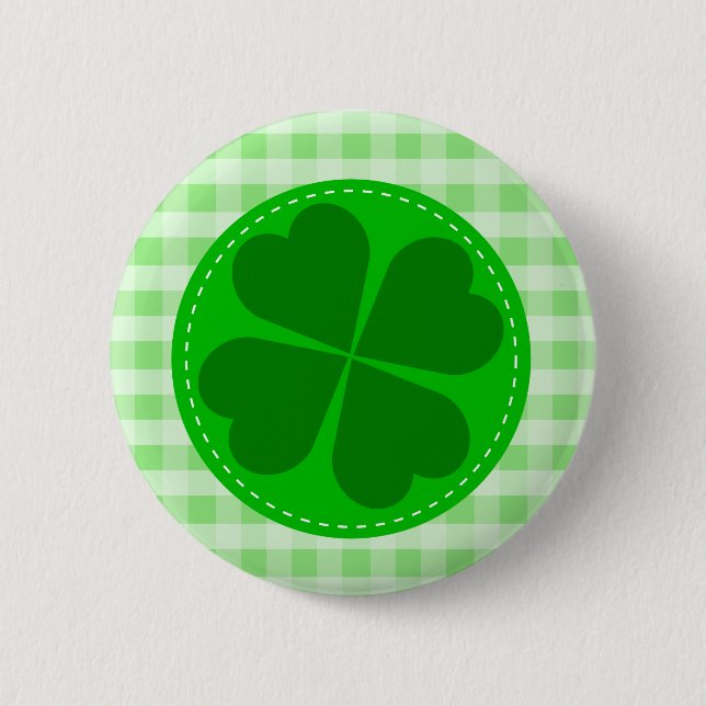 Lucky Shamrock Green Checkered Pinback Button (Front)