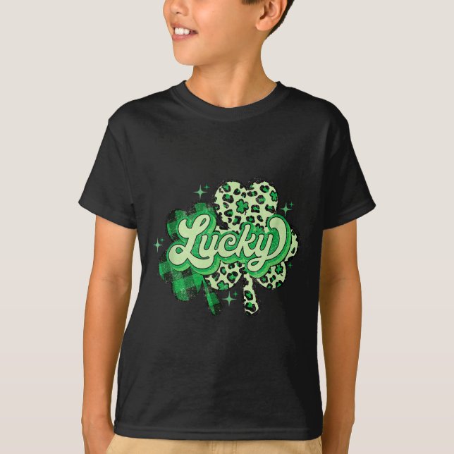 Lucky Shamrock Leopard,checkered Patricks Day Funn T-Shirt (Front)