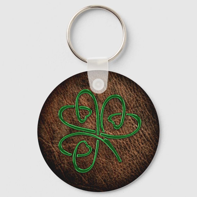 Lucky shamrock on leather texture keychain (Front)