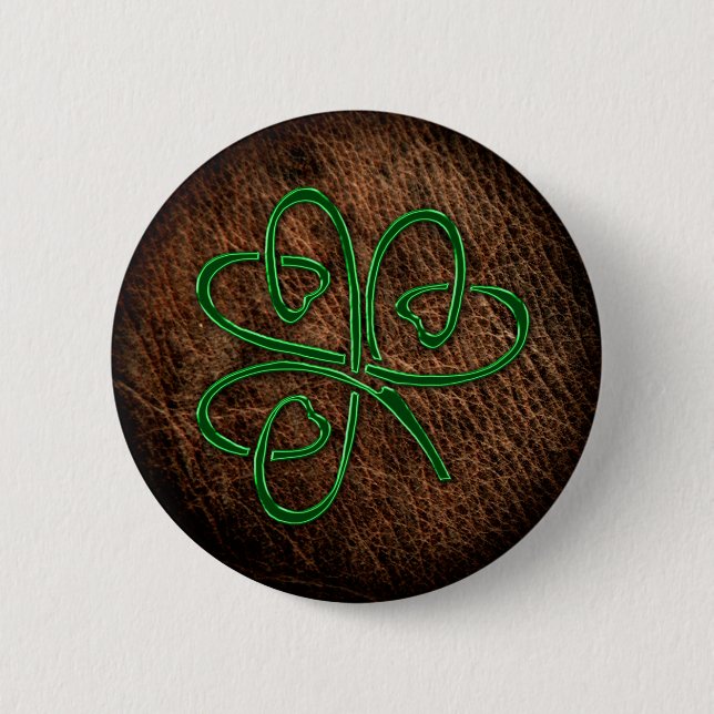 Lucky shamrock on leather texture pinback button (Front)