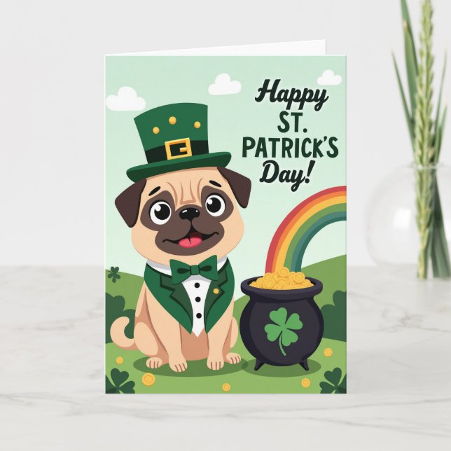 Lucky Shamrock Pug St Patricks Card (Front)