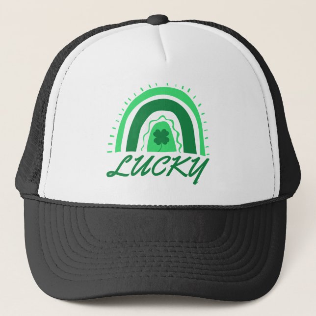 Lucky Shamrock Rainbow Trucker Hat (Front)