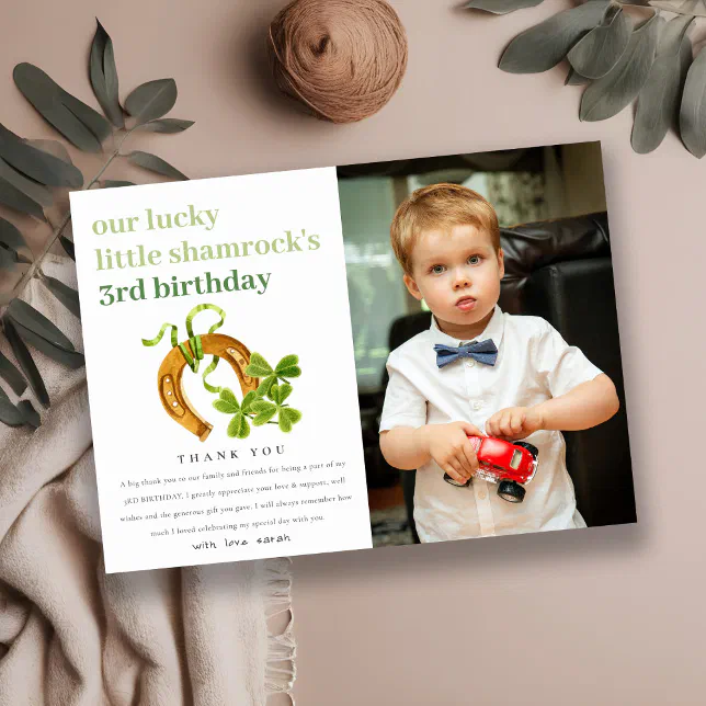 Lucky Shamrock St Patrick Day Kids Photo Birthday Thank You Card | Zazzle