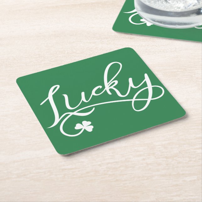 Lucky Shamrock St Patricks Day Square Paper Coaster (Angled)