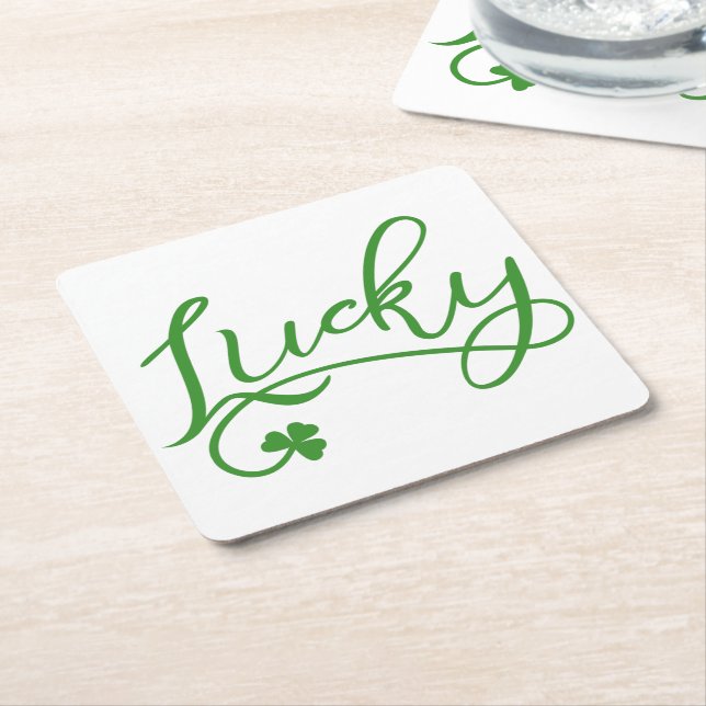 Lucky Shamrock St Patricks Day Square Paper Coaster (Angled)